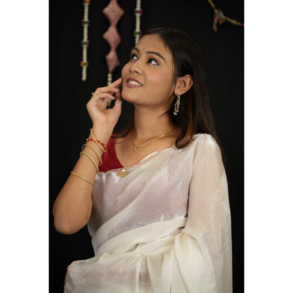 Isadora Life Womens Embroidered Sequined Off White Pre-Draped Saree With Unstitched Blouse