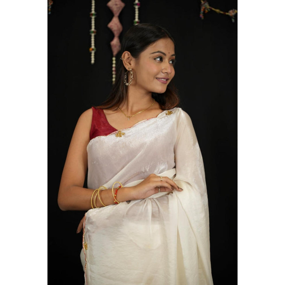 Isadora Life Womens Embroidered Sequined Off White Pre-Draped Saree With Unstitched Blouse