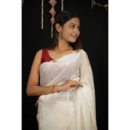 Isadora Life Womens Embroidered Sequined Off White Pre-Draped Saree With Unstitched Blouse