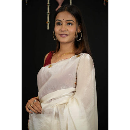 Isadora Life Womens Embroidered Sequined Off White Pre-Draped Saree With Unstitched Blouse