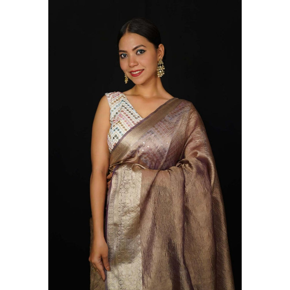 Isadora Life Womens Woven Zari Brown Pre-Draped Saree With Unstitched Blouse