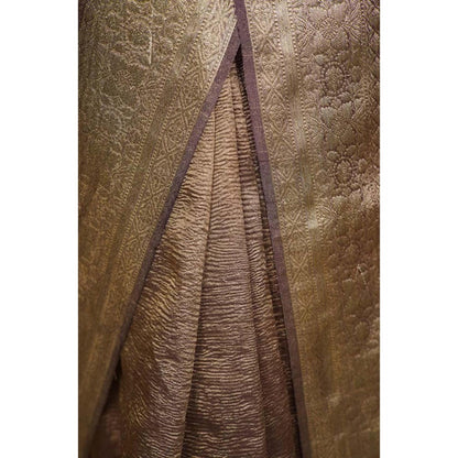 Isadora Life Womens Woven Zari Brown Pre-Draped Saree With Unstitched Blouse