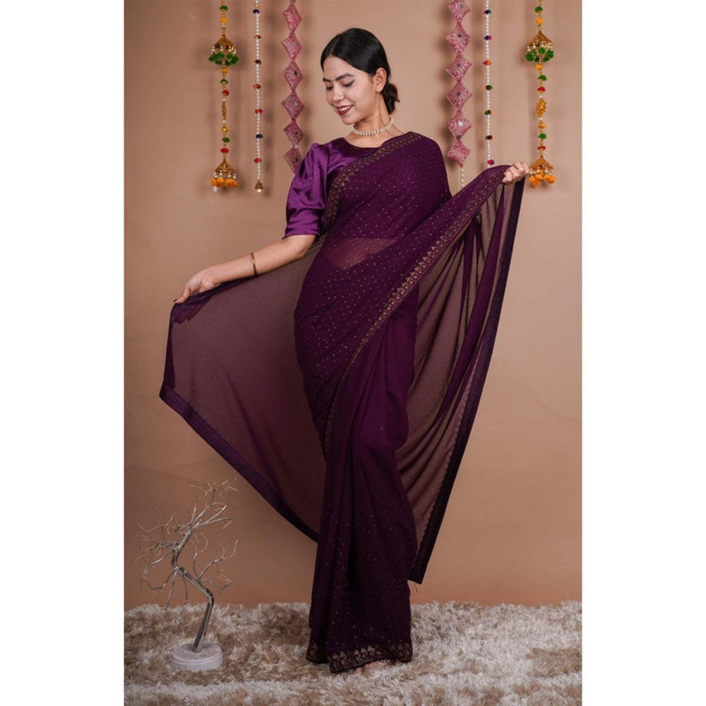 Isadora Life Womens Beads Sequined Purple Pre-Draped Saree With Unstitched Blouse