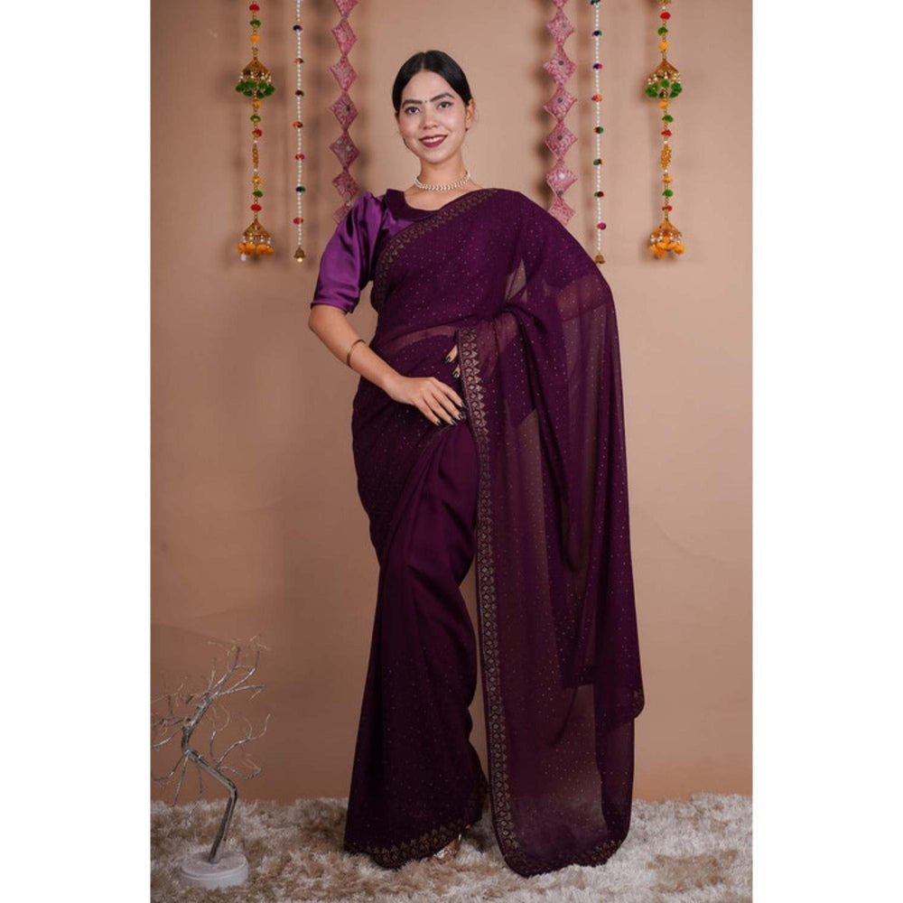 Isadora Life Womens Beads Sequined Purple Pre-Draped Saree With Unstitched Blouse