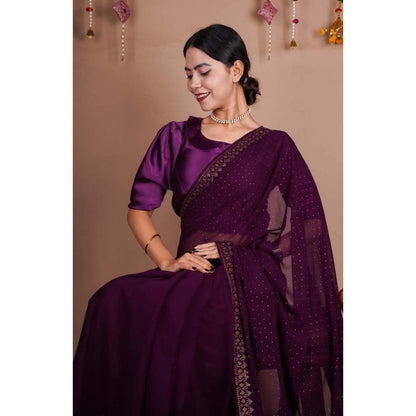 Isadora Life Womens Beads Sequined Purple Pre-Draped Saree With Unstitched Blouse