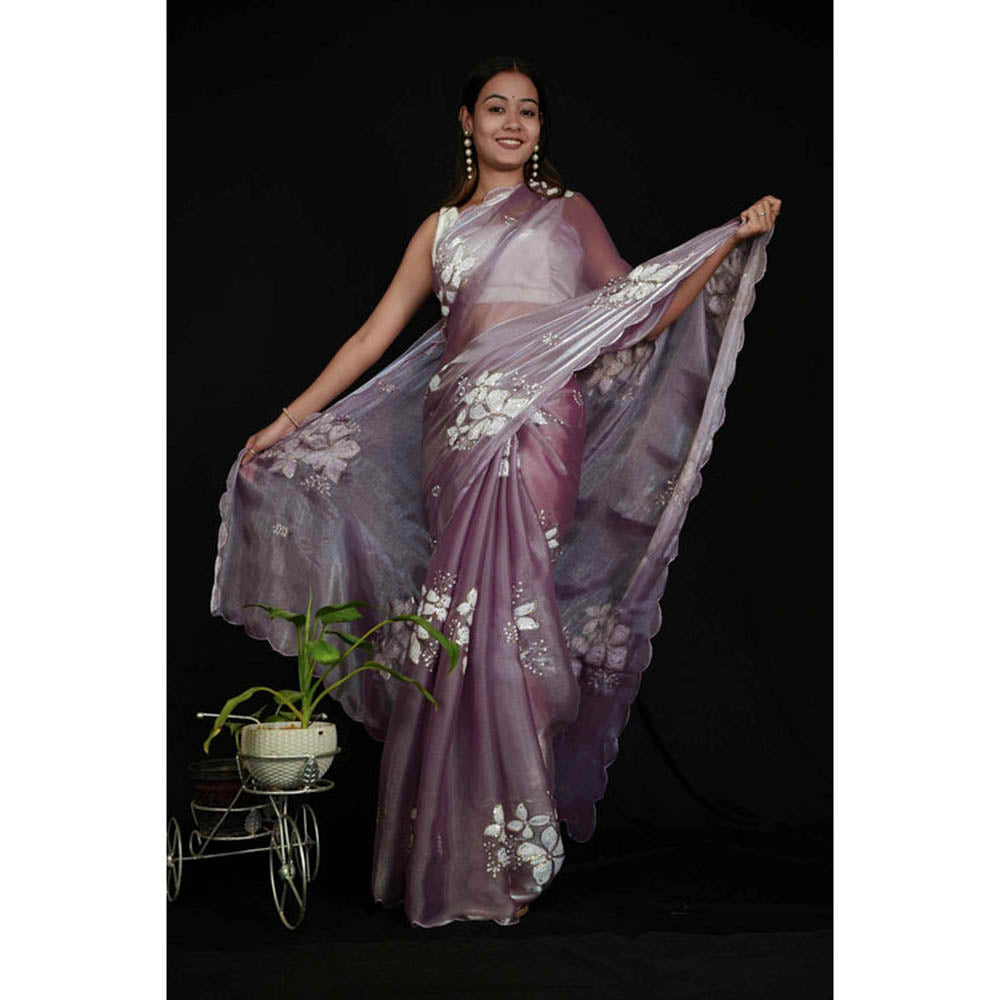 Isadora Life Womens Sequined Mauve Pre-Draped Saree With Unstitched Blouse