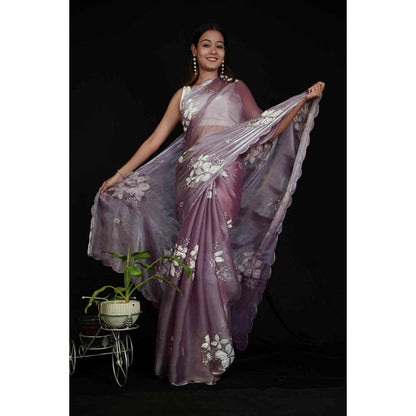 Isadora Life Womens Sequined Mauve Pre-Draped Saree With Unstitched Blouse