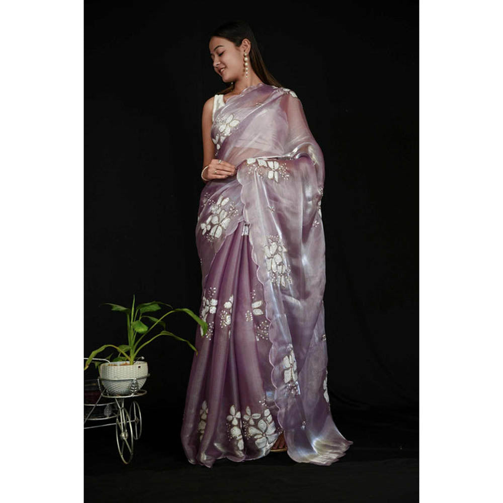 Isadora Life Womens Sequined Mauve Pre-Draped Saree With Unstitched Blouse