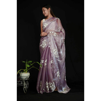 Isadora Life Womens Sequined Mauve Pre-Draped Saree With Unstitched Blouse