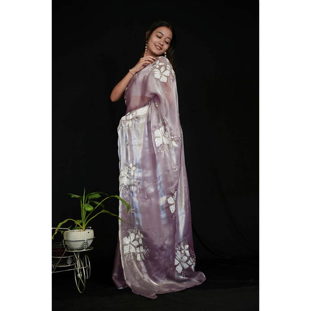 Isadora Life Womens Sequined Mauve Pre-Draped Saree With Unstitched Blouse