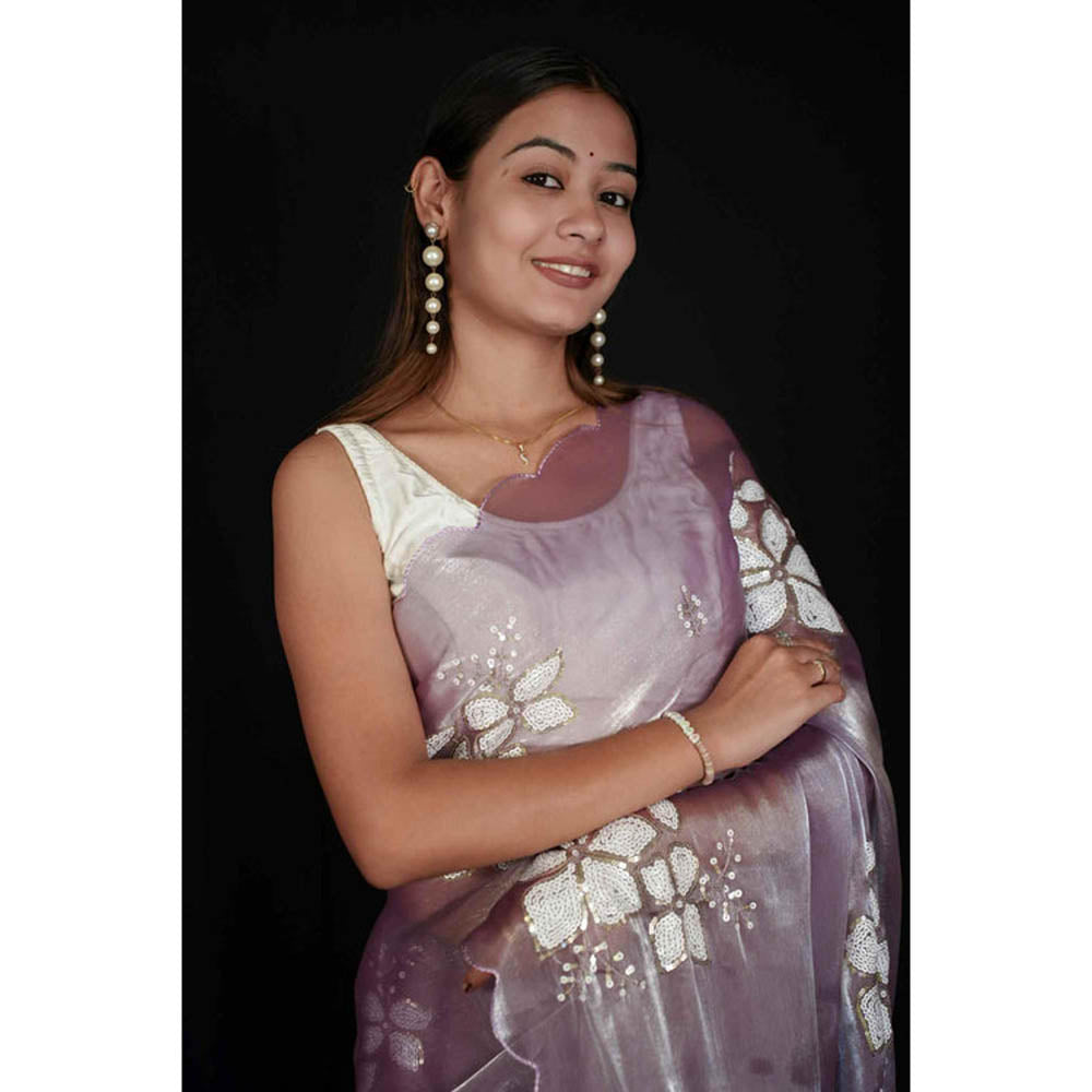 Isadora Life Womens Sequined Mauve Pre-Draped Saree With Unstitched Blouse