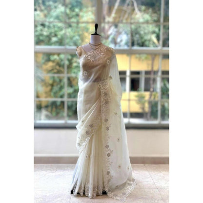 Isadora Life Womens Embroidered Sequined White Pre-Draped Saree With Unstitched Blouse