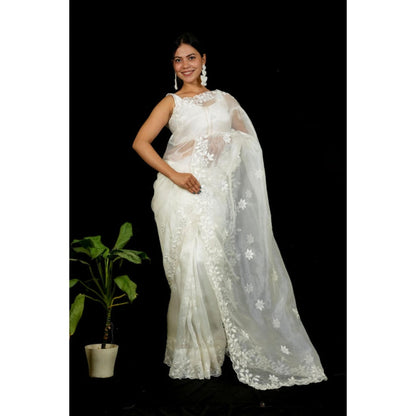 Isadora Life Womens Embroidered Sequined White Pre-Draped Saree With Unstitched Blouse