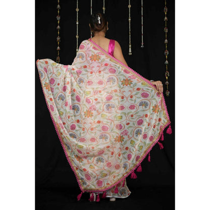 Isadora Life Womens Printed Tassels White Pre-Draped Saree With Unstitched Blouse