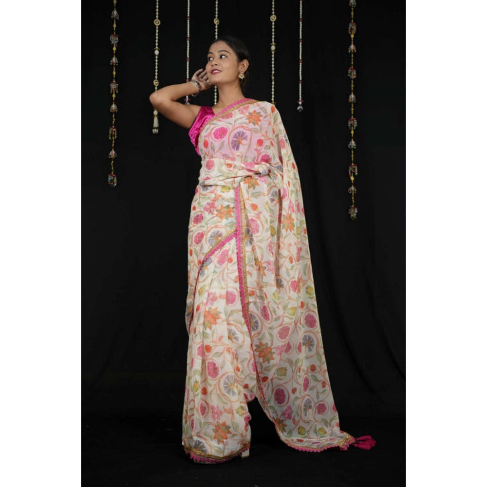 Isadora Life Womens Printed Tassels White Pre-Draped Saree With Unstitched Blouse