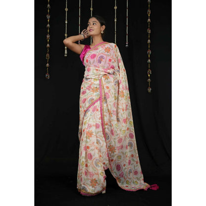 Isadora Life Womens Printed Tassels White Pre-Draped Saree With Unstitched Blouse