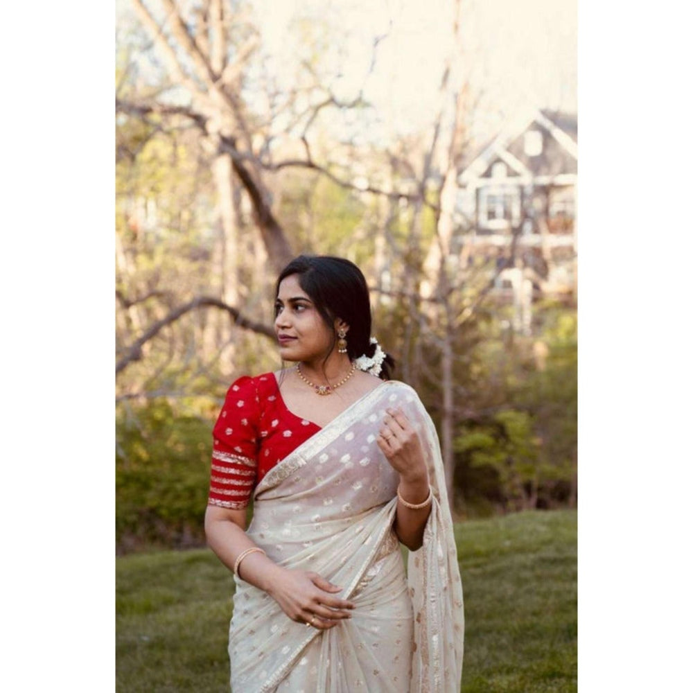 Isadora Life Womens Woven Zari Ivory Pre-Draped Saree With Unstitched Blouse