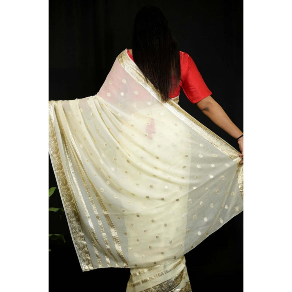 Isadora Life Womens Woven Zari Ivory Pre-Draped Saree With Unstitched Blouse