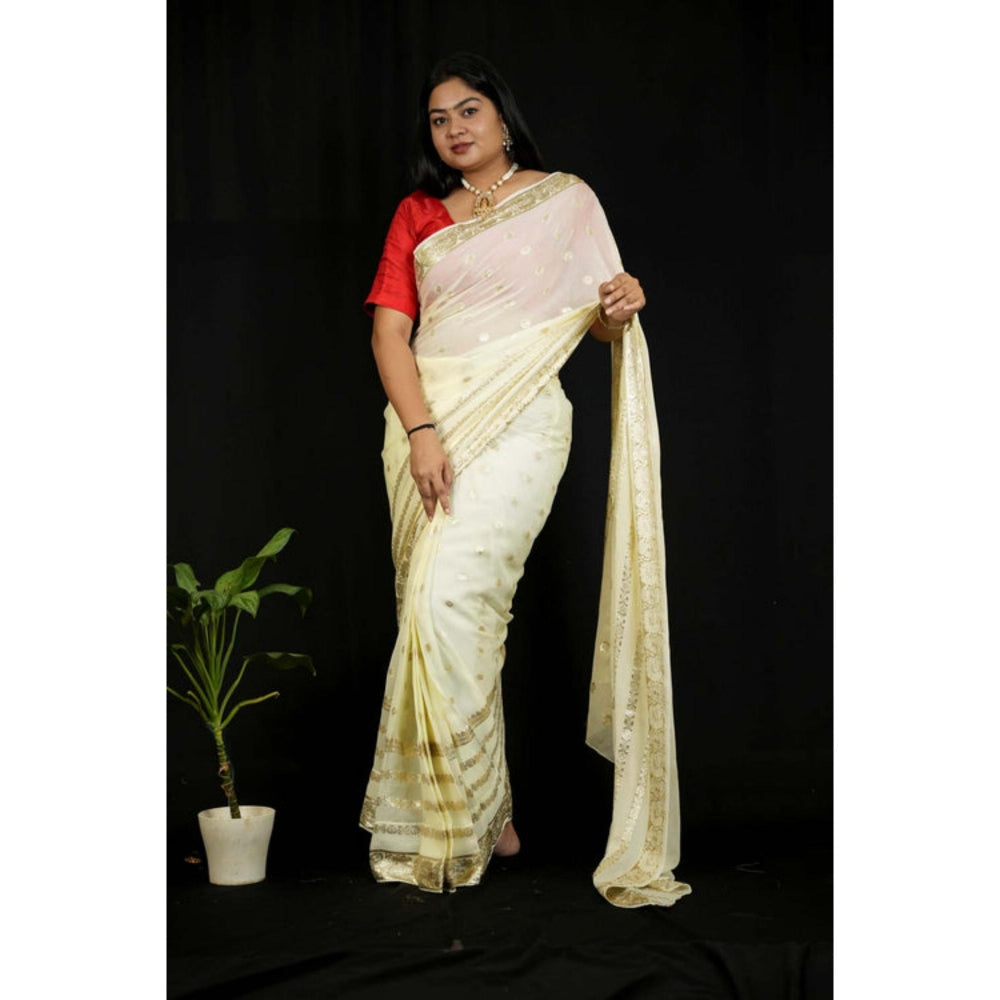 Isadora Life Womens Woven Zari Ivory Pre-Draped Saree With Unstitched Blouse