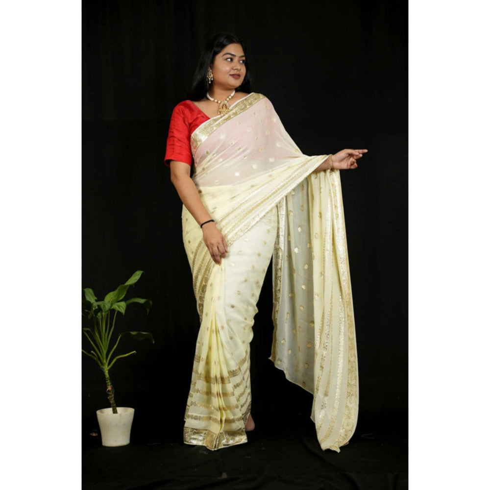 Isadora Life Womens Woven Zari Ivory Pre-Draped Saree With Unstitched Blouse