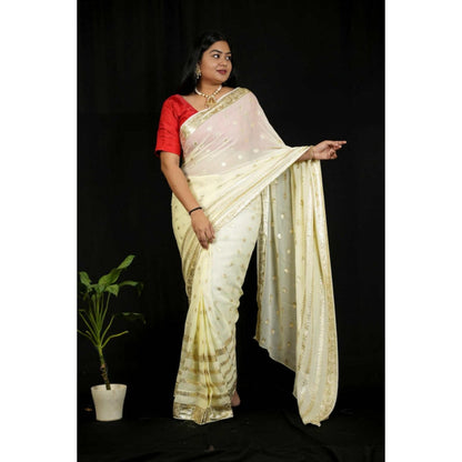 Isadora Life Womens Woven Zari Ivory Pre-Draped Saree With Unstitched Blouse