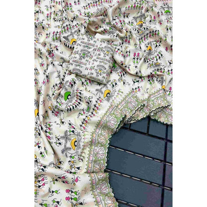 Isadora Life Womens Printed White Pre-Draped Saree With Unstitched Blouse