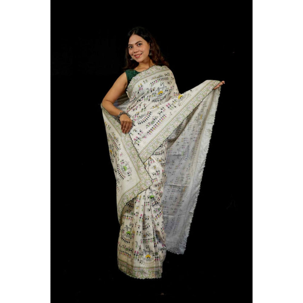 Isadora Life Womens Printed White Pre-Draped Saree With Unstitched Blouse