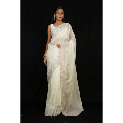 Isadora Life Womens Embroidered Thread Work White Pre-Draped Saree With Unstitched Blouse
