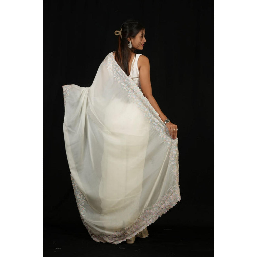 Isadora Life Womens Embroidered Thread Work White Pre-Draped Saree With Unstitched Blouse