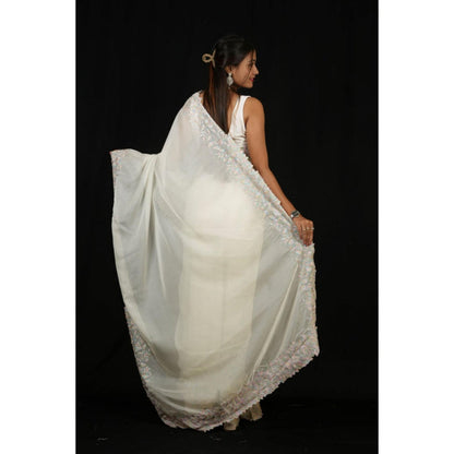 Isadora Life Womens Embroidered Thread Work White Pre-Draped Saree With Unstitched Blouse