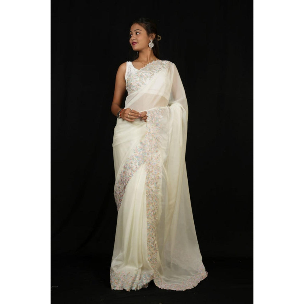 Isadora Life Womens Embroidered Thread Work White Pre-Draped Saree With Unstitched Blouse
