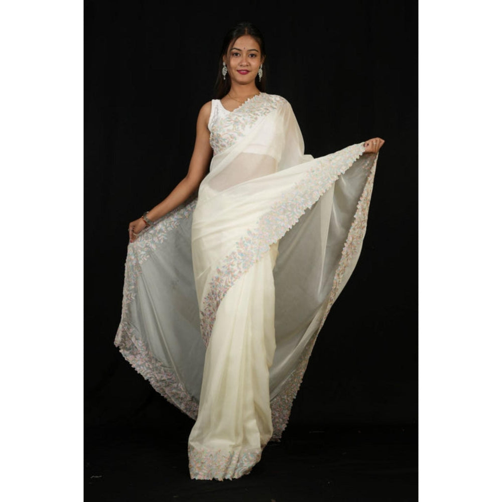 Isadora Life Womens Embroidered Thread Work White Pre-Draped Saree With Unstitched Blouse