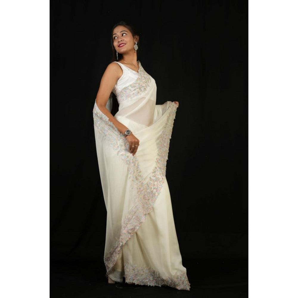 Isadora Life Womens Embroidered Thread Work White Pre-Draped Saree With Unstitched Blouse