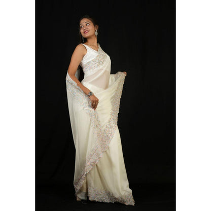 Isadora Life Womens Embroidered Thread Work White Pre-Draped Saree With Unstitched Blouse