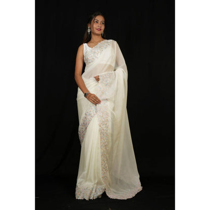Isadora Life Womens Embroidered Thread Work White Pre-Draped Saree With Unstitched Blouse