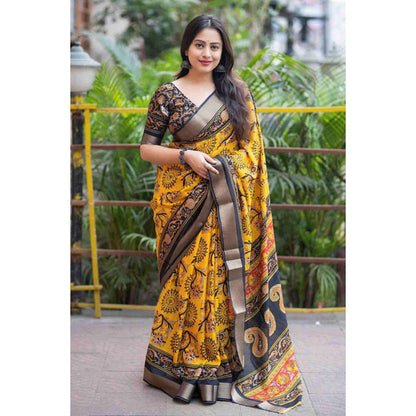Isadora Life Womens Floral Printed Yellow Pre-Draped Saree With Unstitched Blouse
