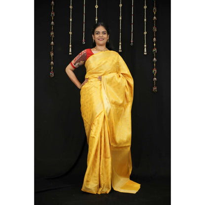 Isadora Life Womens Woven Zari Yellow Pre-Draped Saree With Unstitched Blouse