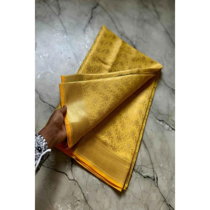 Isadora Life Womens Woven Zari Yellow Pre-Draped Saree With Unstitched Blouse
