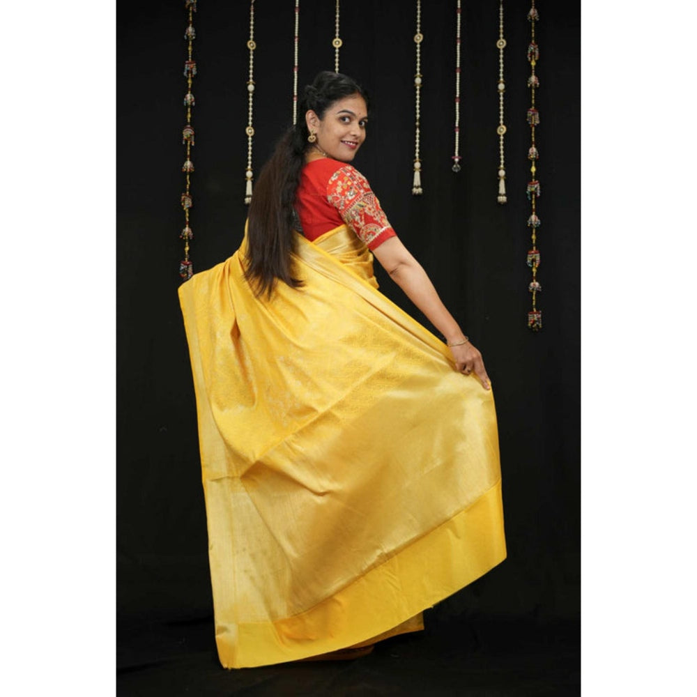 Isadora Life Womens Woven Zari Yellow Pre-Draped Saree With Unstitched Blouse