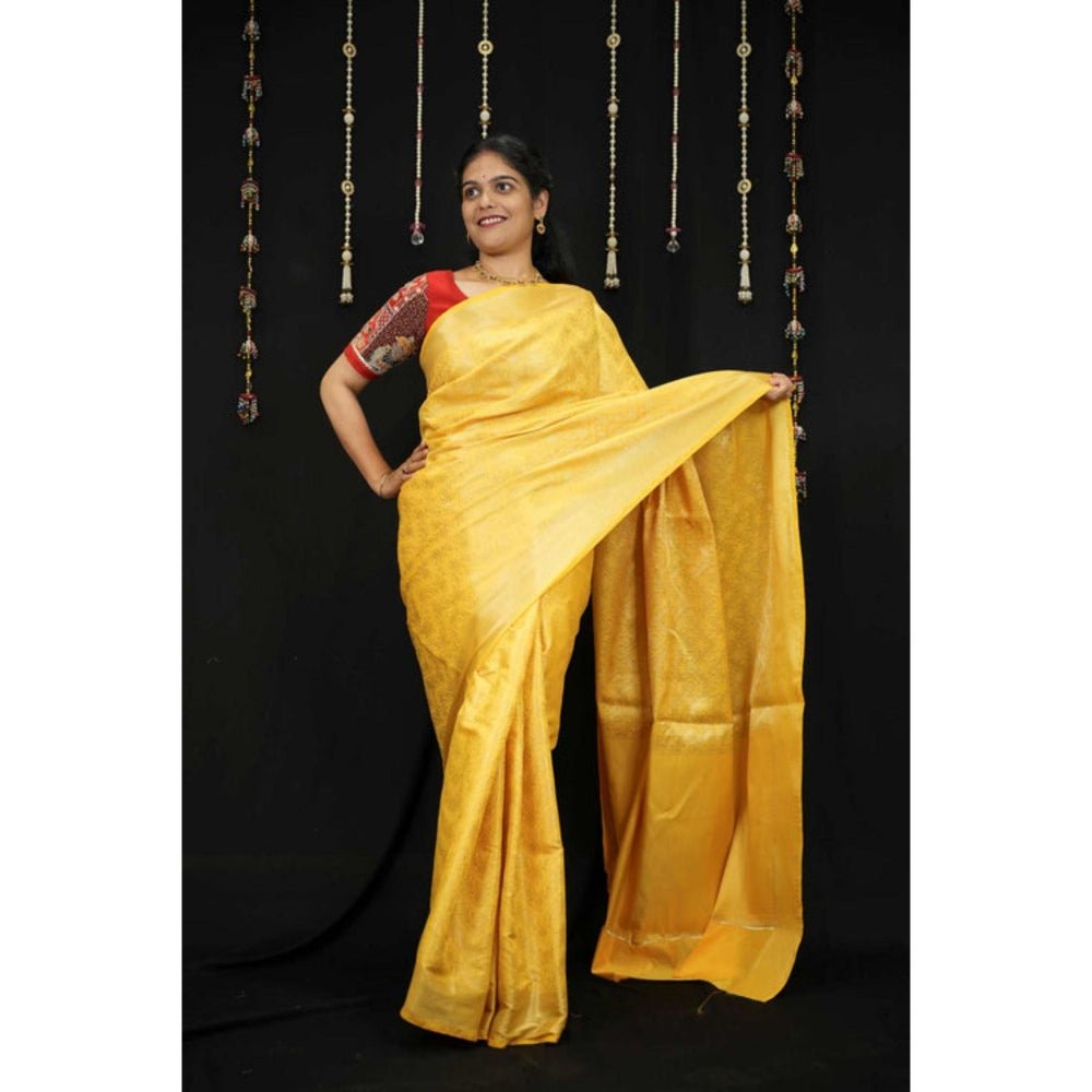 Isadora Life Womens Woven Zari Yellow Pre-Draped Saree With Unstitched Blouse