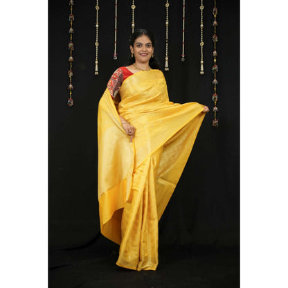 Isadora Life Womens Woven Zari Yellow Pre-Draped Saree With Unstitched Blouse