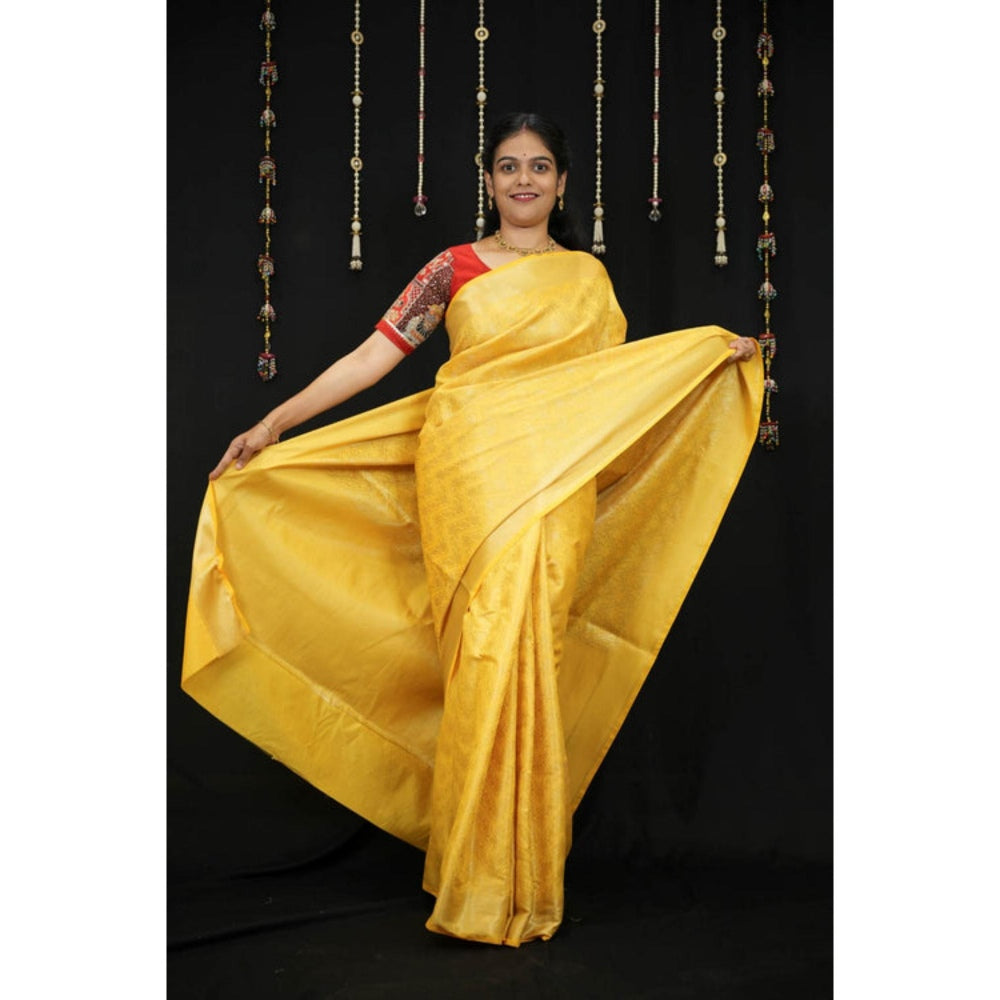 Isadora Life Womens Woven Zari Yellow Pre-Draped Saree With Unstitched Blouse