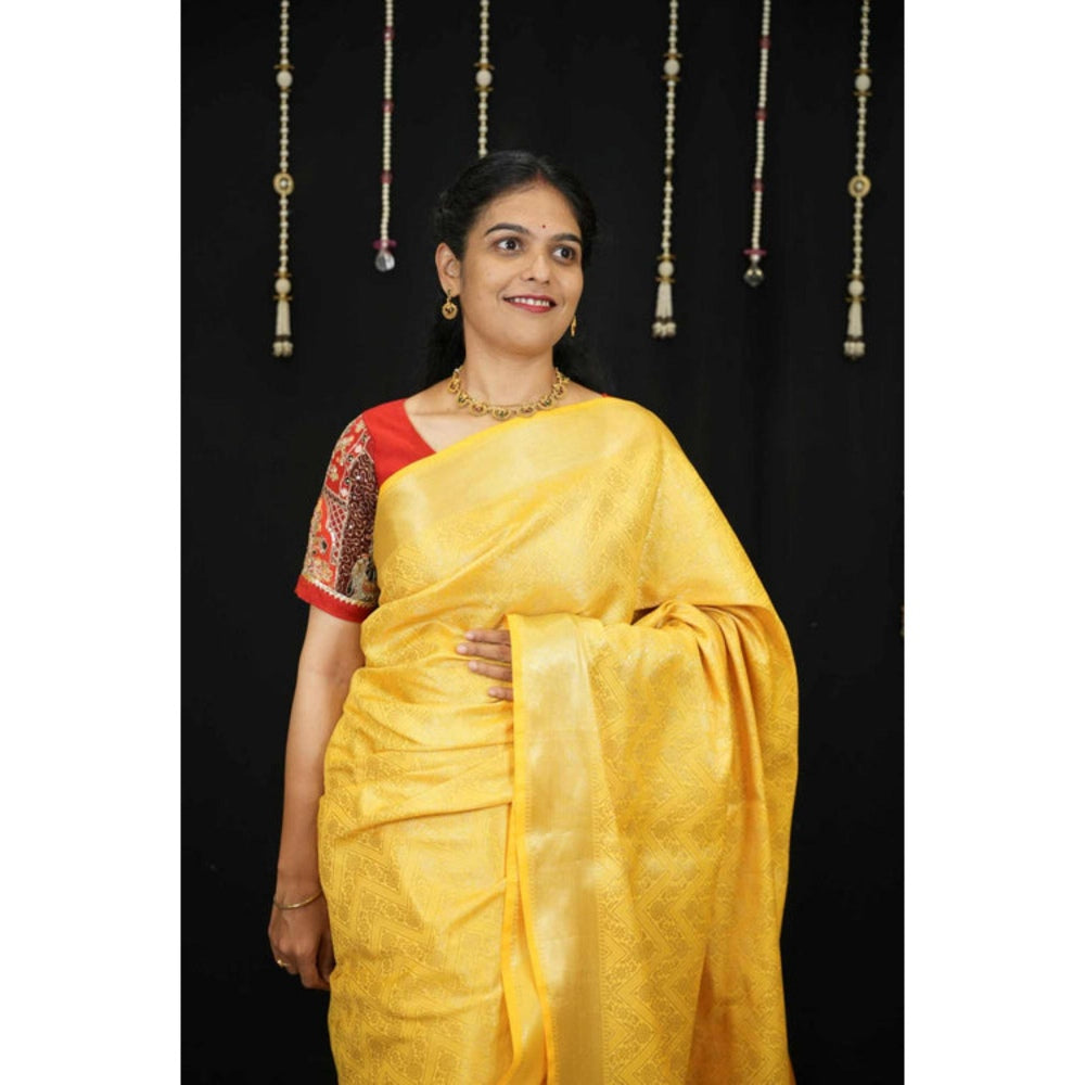 Isadora Life Womens Woven Zari Yellow Pre-Draped Saree With Unstitched Blouse