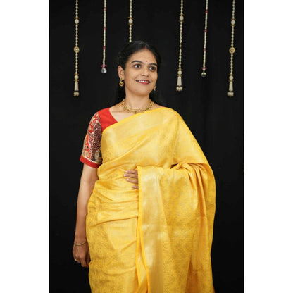 Isadora Life Womens Woven Zari Yellow Pre-Draped Saree With Unstitched Blouse