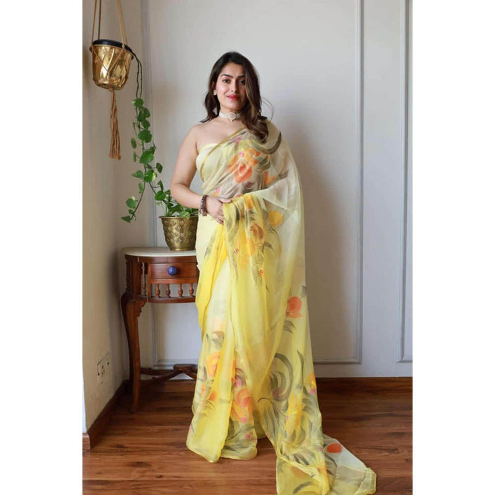 Isadora Life Womens Floral Printed Yellow Pre-Draped Saree With Unstitched Blouse