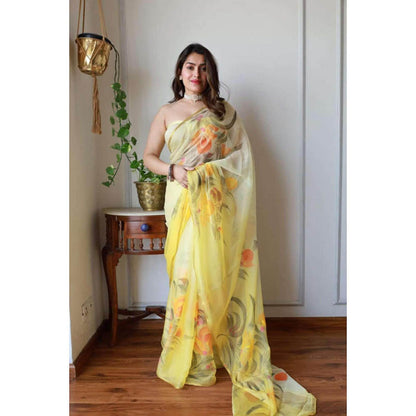 Isadora Life Womens Floral Printed Yellow Pre-Draped Saree With Unstitched Blouse