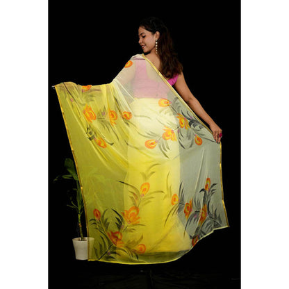 Isadora Life Womens Floral Printed Yellow Pre-Draped Saree With Unstitched Blouse