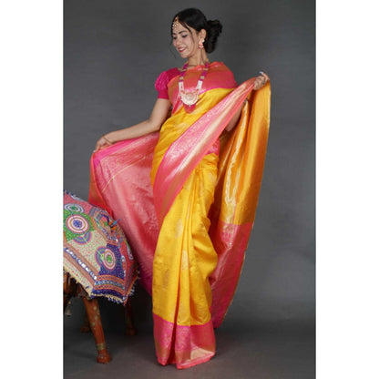 Isadora Life Womens Woven Zari Yellow Pre-Draped Saree With Unstitched Blouse
