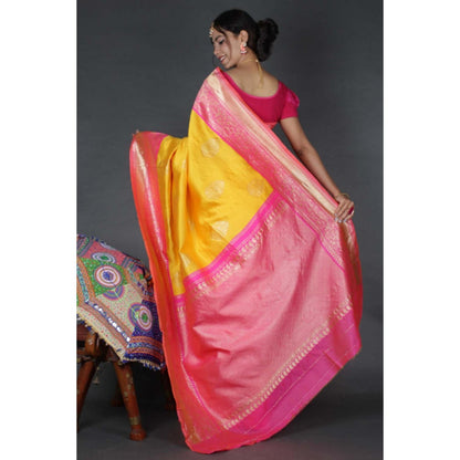 Isadora Life Womens Woven Zari Yellow Pre-Draped Saree With Unstitched Blouse