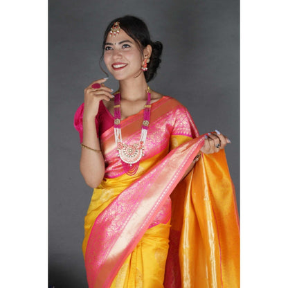Isadora Life Womens Woven Zari Yellow Pre-Draped Saree With Unstitched Blouse